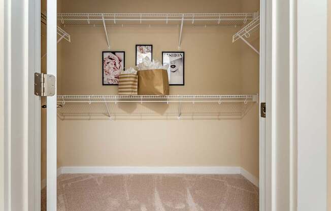 A white closet with a brown bag on the shelf.