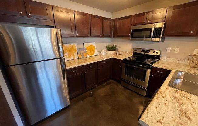 a kitchen with stainless steel appliances and marble counter tops at Palisades at Pleasant Crossing, Rogers, 72758