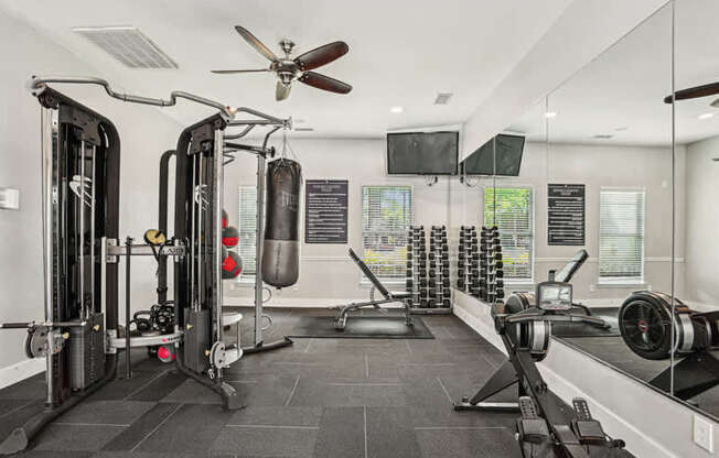 A well-equipped gym with a variety of exercise machines.