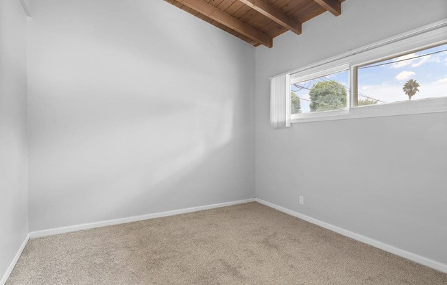 an empty room with a window and carpet