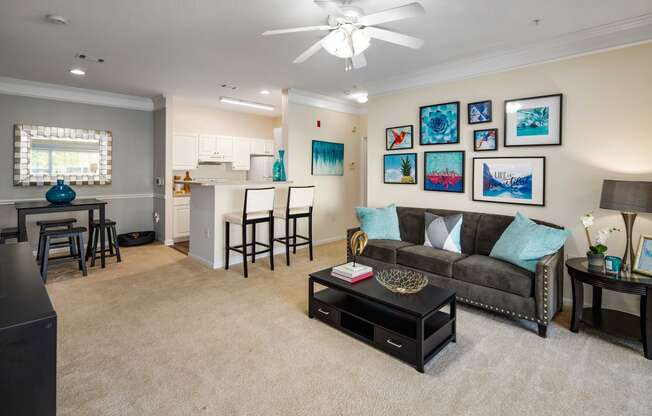 Living Room with Ceiling Fan at Abberly Woods Apartment Homes, Charlotte, NC 28216