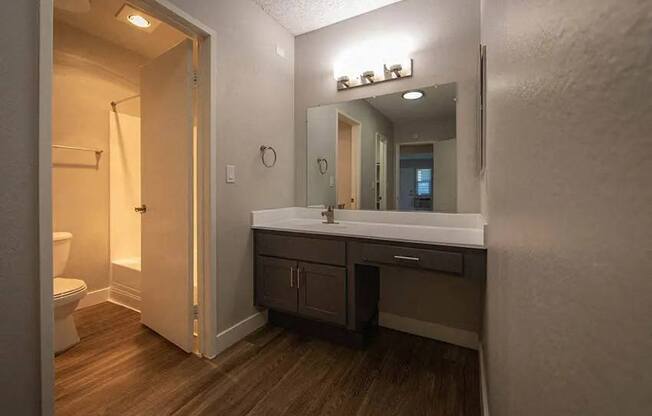 a bathroom with a sink and a large mirror at Aspire Upland Apartments, Upland, CA