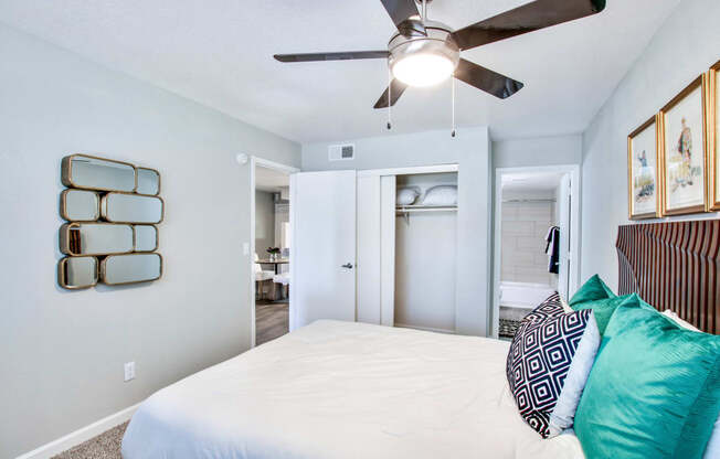 a bedroom with a bed and a ceiling fanat The Julia, Arizona, 85210