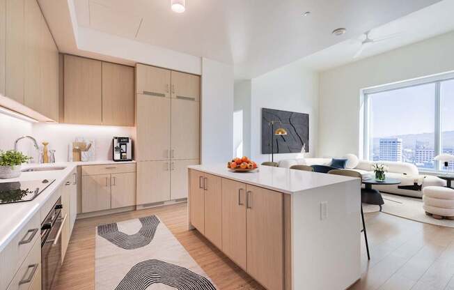 A modern kitchen with wooden cabinets and a white island.