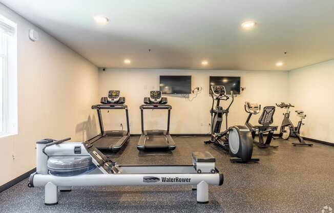 134th street lofts fitness center with treadmills, elliptical, bike and row machine