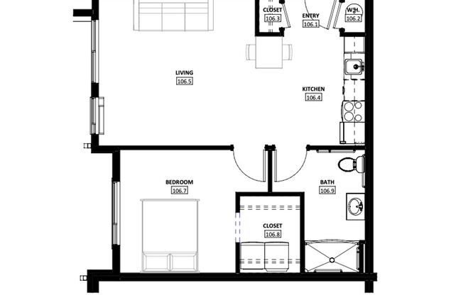 1 bed, 1 bath, 669 sqft, $1,395, Unit 106
