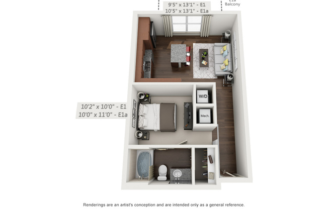 Studio, 1 bath, 600 sqft, $1,380