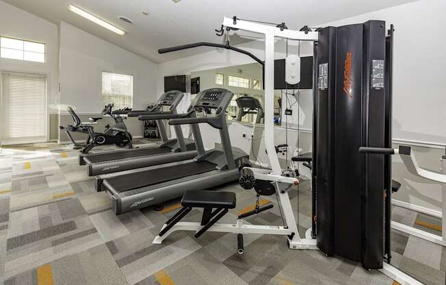 A gym with treadmills and exercise equipment.