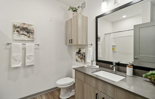 a bathroom with a mirror and a toilet and a sink at The Depot in The Depot Raymore, MO 64083