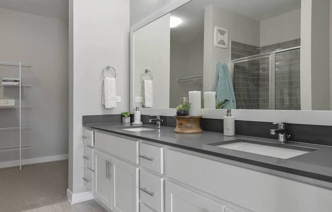 A bathroom with a large mirror and a sink.
