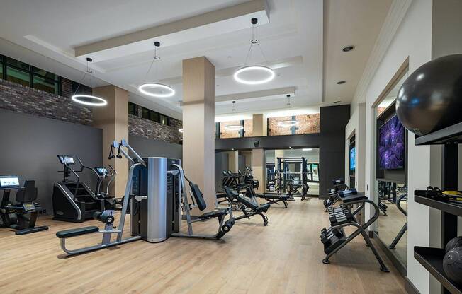 Gym with mirrors, medicine balls, weight machines, cardio equipment, squat racks, dumbbells, and wood-style floors