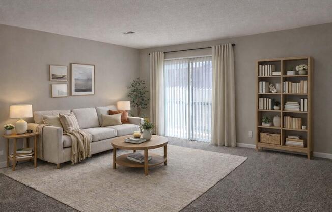 A cozy living room featuring a light-colored sofa with cushions, a round coffee table, and a soft area rug. There are decorative plants and framed pictures on the walls. A tall bookshelf filled with books and decorative items stands beside a sliding glass door that has sheer curtains, allowing natural light to brighten the space.