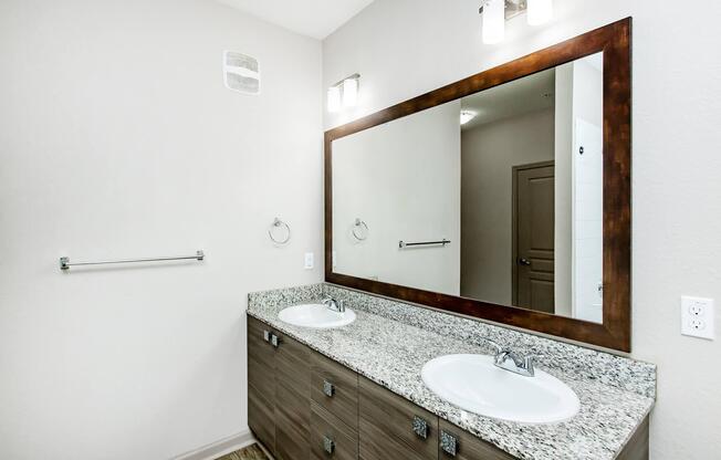 a double sink and large mirror