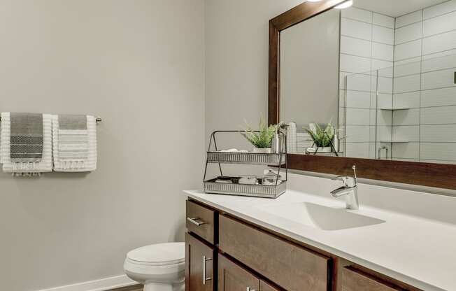 Bathroom with cherry cabinet vanity and great lighting at Ascend at Woodbury