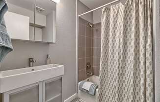 a bathroom with a shower and sink and a shower curtain