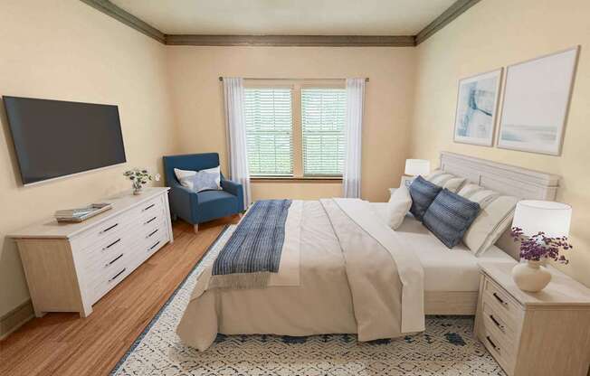 A bedroom with a large bed, a chair, and a TV.