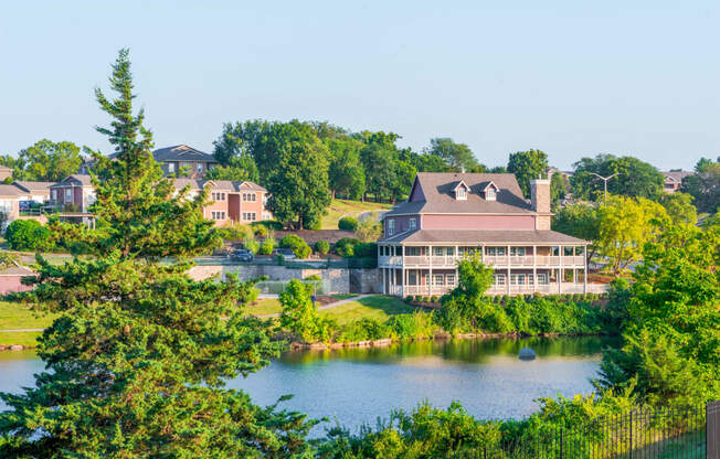 a view of a building overlooking a body of water