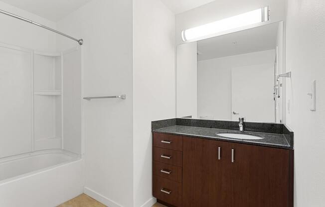 a bathroom with a sink and a mirror and a shower