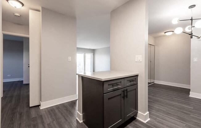 a renovated kitchen with a counter top in a new home