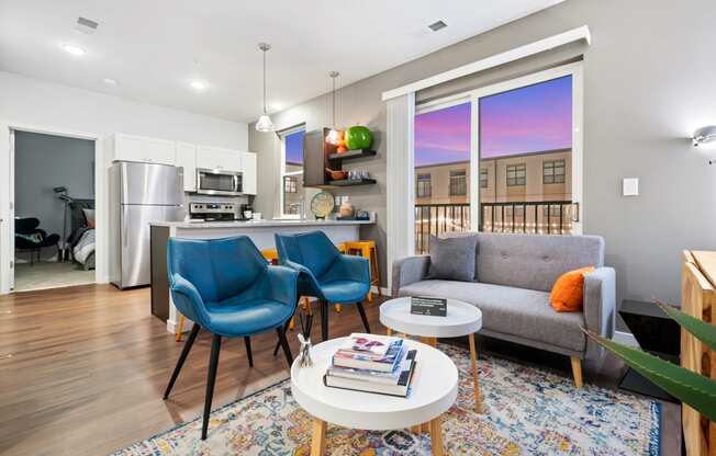 a living room with a couch and a table