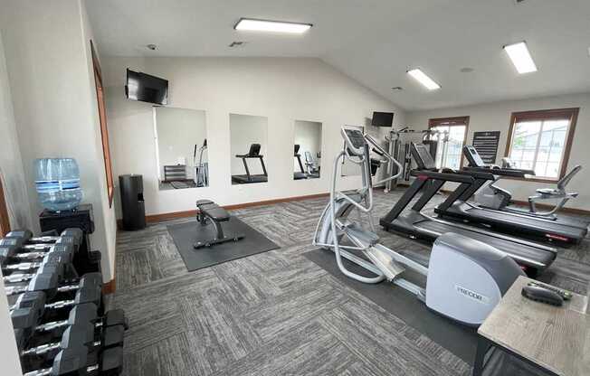 A well-equipped gym with treadmills, weights, and exercise machines.