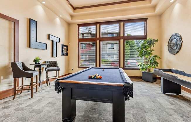A pool table is in the middle of a room with a window and a plant.