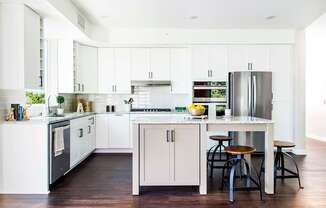 Modern kitchen with sleek stainless steel appliances, granite countertops, a built-in dishwasher, and a stylish gas range. Minnetonka, MN.