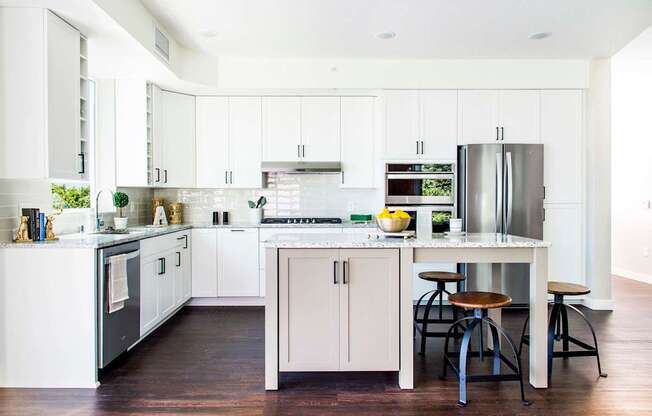 Modern kitchen with sleek stainless steel appliances, granite countertops, a built-in dishwasher, and a stylish gas range. Minnetonka, MN.
