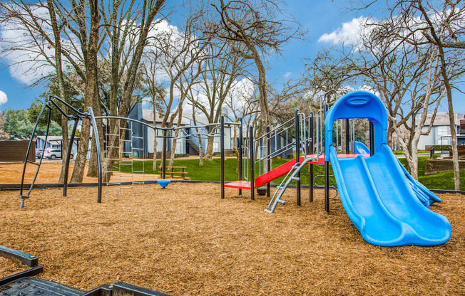a playground with a blue slide and red slide