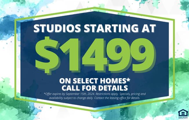 a sign that says studios starting at 49 on select homes call for details