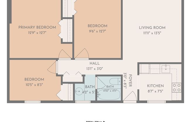 3 beds, 1 bath, 738 sqft, $1,195, Unit 207