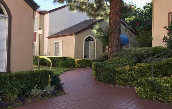 Elegant pathways between buildings at Northwood Apartments in Upland, California.