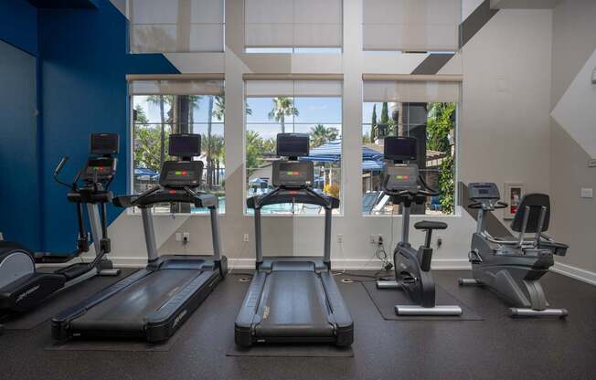 A gym with treadmills, elliptical machines, and stationary bikes.