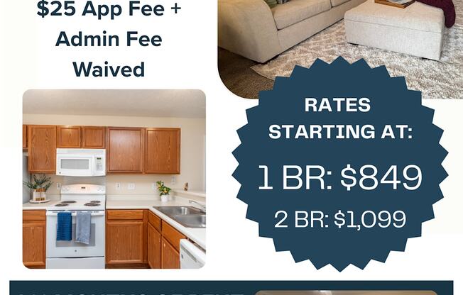 An advertisement for Cumberland Towers Apartments offering move-in specials, including a free first month of rent and waived application and administrative fees.