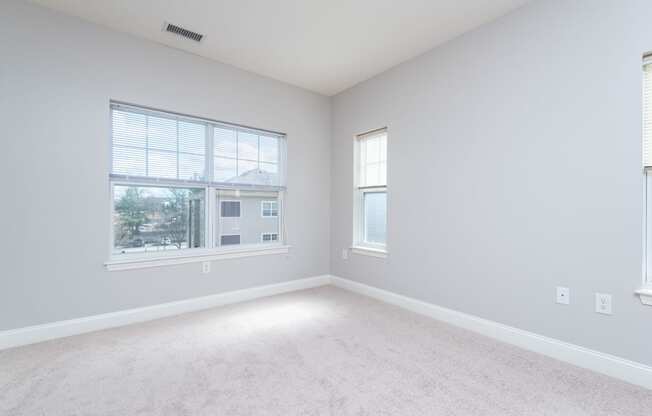 Drum hill one bedroom apartment bedroom with plush carpeting and large windows