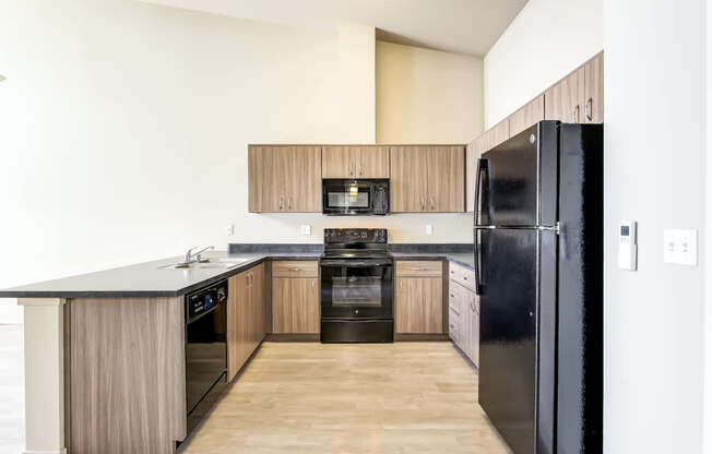 A kitchen with black appliances and wooden cabinets.
