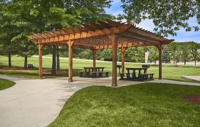 a pavilion with benches in a park