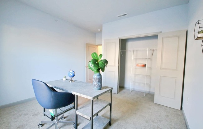 a home office with a desk and a closet