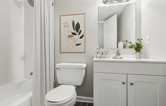 renovated bathroom with white cabinetry