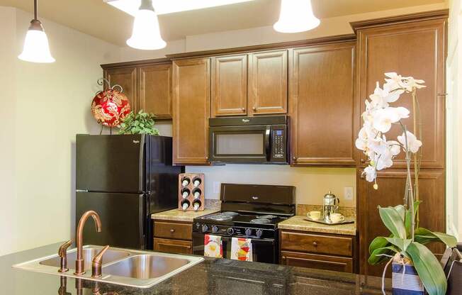 A bright, well-appointed kitchen at Andalucia Villas featuring warm wood cabinetry, black appliances, pendant lighting, and a spacious countertop that offers a functional and inviting cooking space.