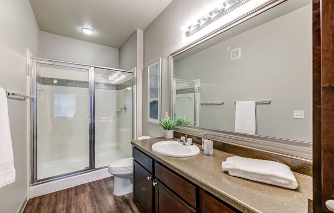 Bathroom with glass enclosed shower and rain shower head at Avenues at Craig Ranch apartments for rent