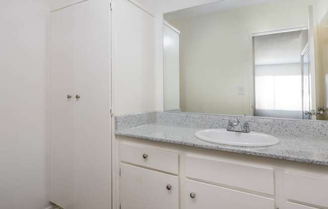 a bathroom with a sink and a mirror