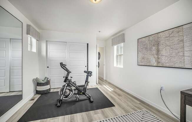 homes fitness room with exercise bike