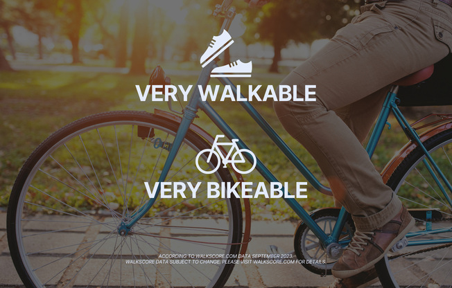 A person riding a blue bicycle on a pathway with trees in the background. Text overlay reads "Very Walkable" and "Very Bikeable," indicating pedestrian and cycling-friendly areas. A note at the bottom references Walk Score data from September 2023.