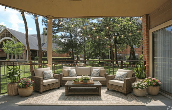 A patio with a couch, chairs, and a coffee table.