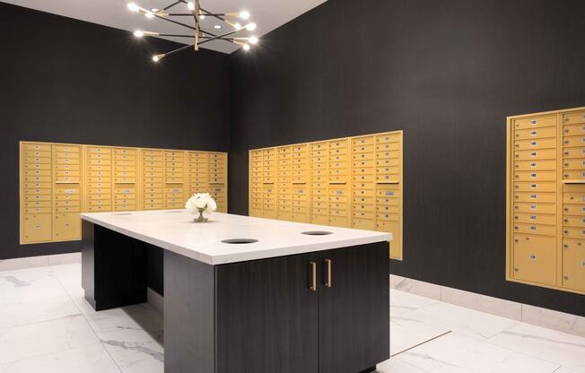 mail package room with lockers with a marble counter at 220 Meridian, Indianapolis, IN 46204