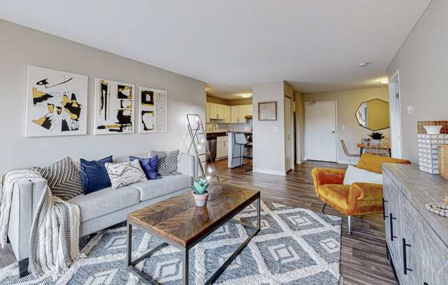 a living room with a couch and a coffee table