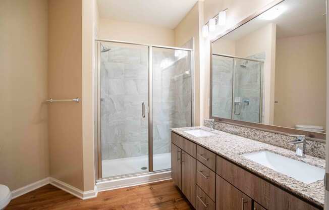 a bathroom with a sink and a shower