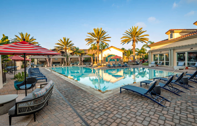 A pool surrounded by palm trees and lounge chairs.