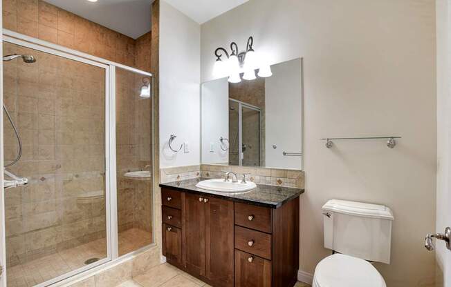 A bathroom with a walk-in shower, double sinks, and a toilet.